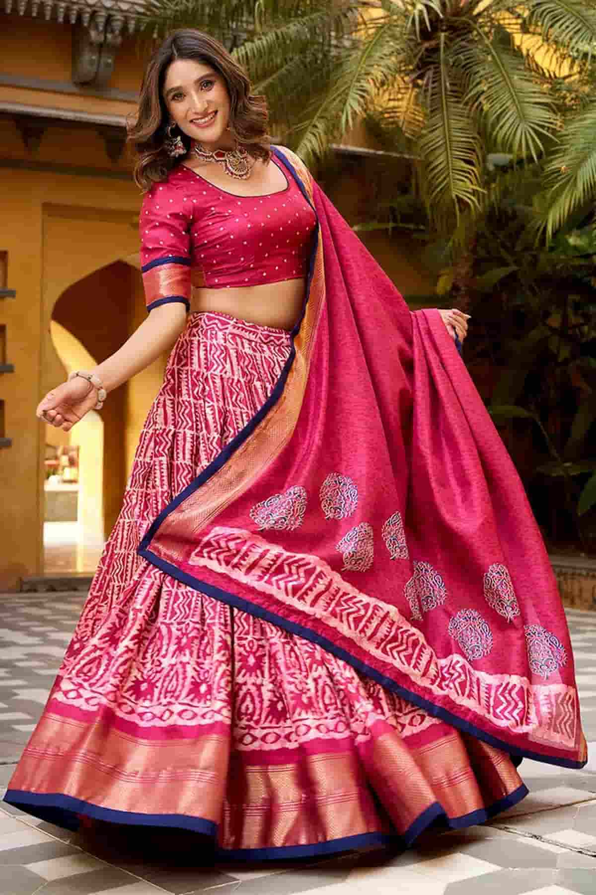 Dola Silk Batik Print Stitched Lehenga Choli In Pink Colour