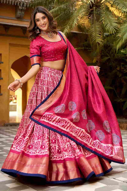 Dola Silk Batik Print Stitched Lehenga Choli In Pink Colour
