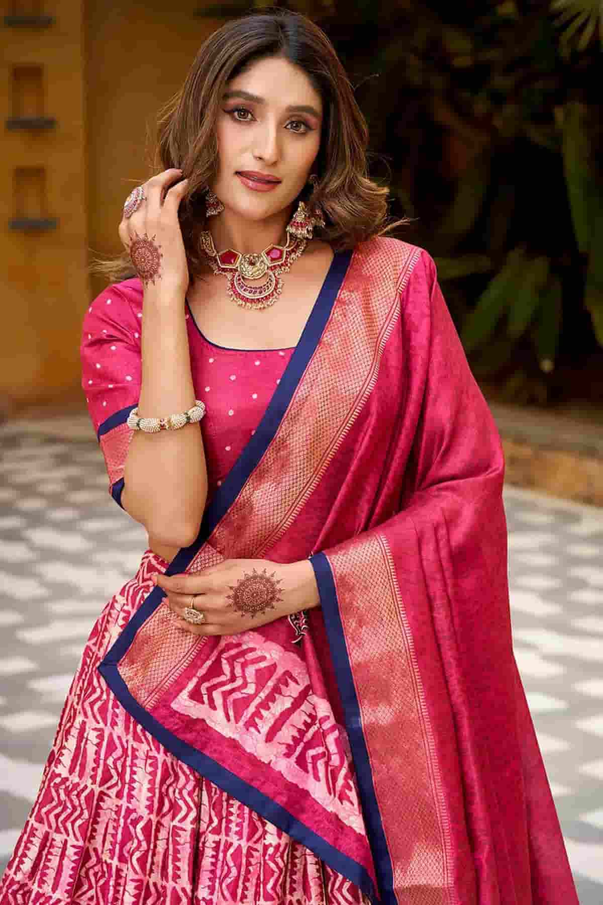 Dola Silk Batik Print Stitched Lehenga Choli In Pink Colour