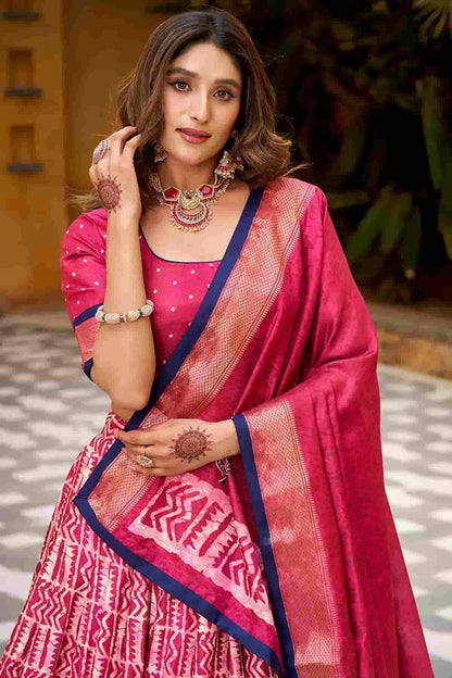 Dola Silk Batik Print Stitched Lehenga Choli In Pink Colour