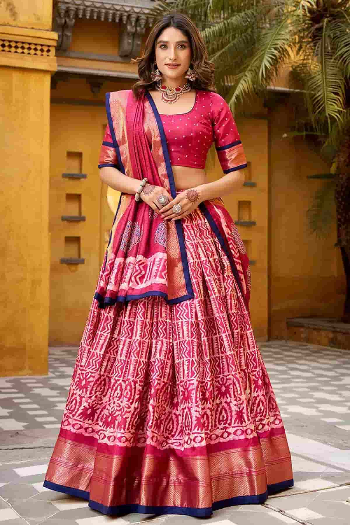 Dola Silk Batik Print Stitched Lehenga Choli In Pink Colour
