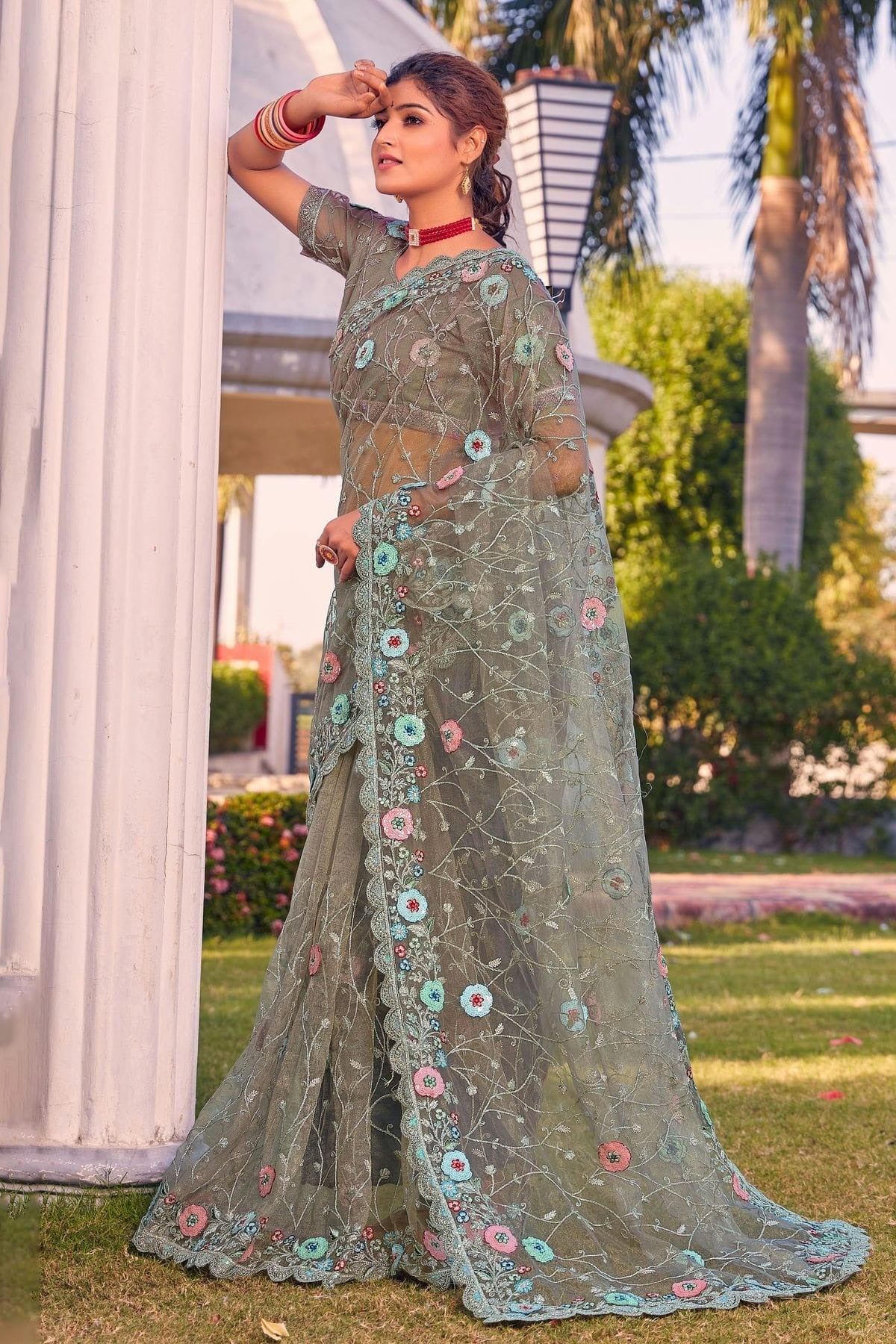 Dusty Green Colour Net Designer Saree LC1121361