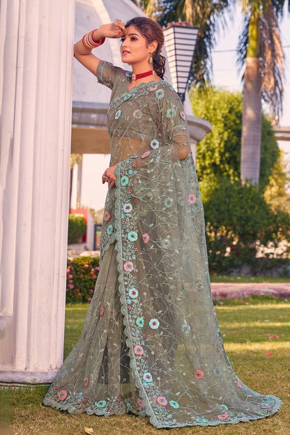 Dusty Green Colour Net Designer Saree LC1121361