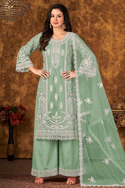 Dusty Green Colour Net Semi Stitched Palazzo Pant Suit SM1050338