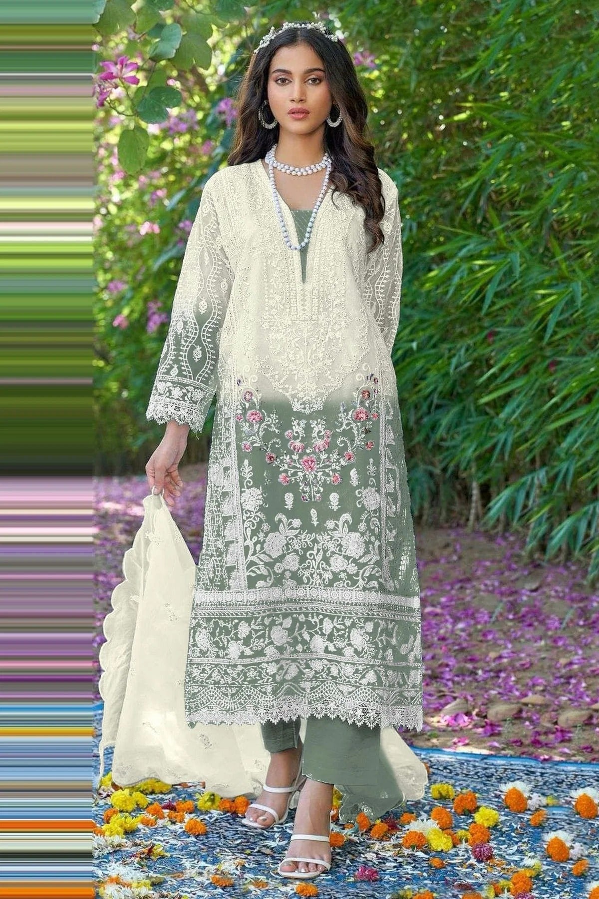Dusty Green Colour Organza Pakistani Suit SM1140038