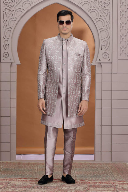Dusty Grey Colour Art Silk Embroidery 3 Pcs Indo Western