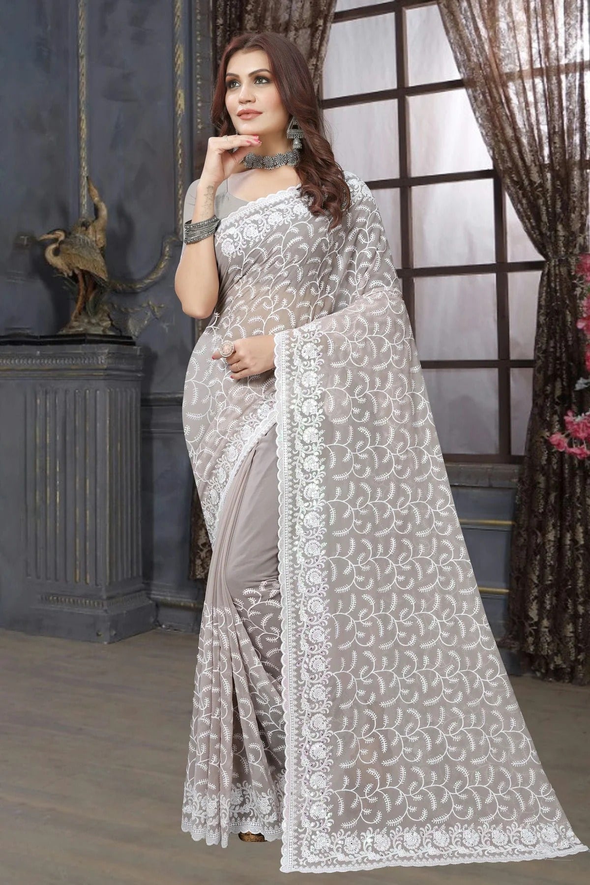 Dusty Grey Colour Georgette Saree SD1090961