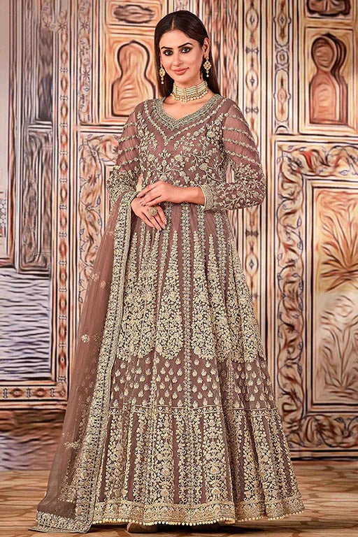 Dusty Grey Colour Net Semi Stitched Anarkali Suit SM1050280