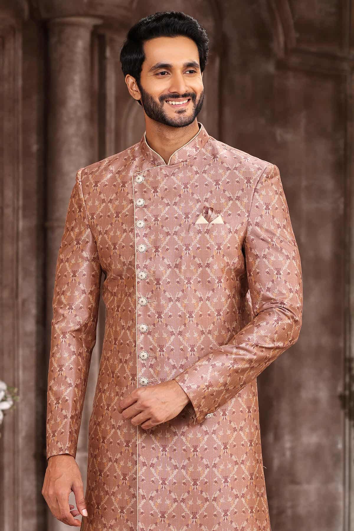 Dusty Peach Colour Art Silk Digital Printed Work indo western Sherwani