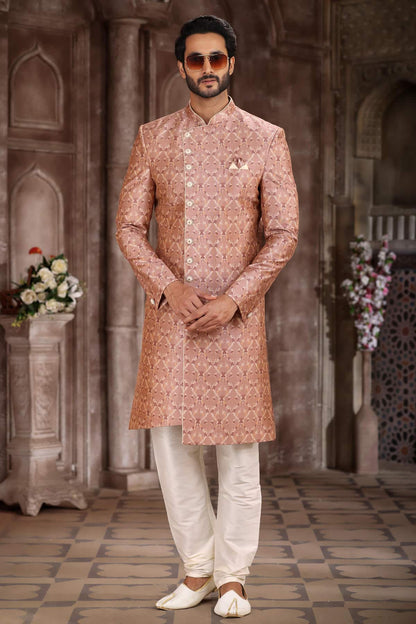 Dusty Peach Colour Art Silk Digital Printed Work indo western Sherwani