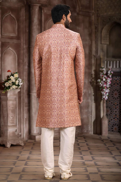 Dusty Peach Colour Art Silk Digital Printed Work indo western Sherwani