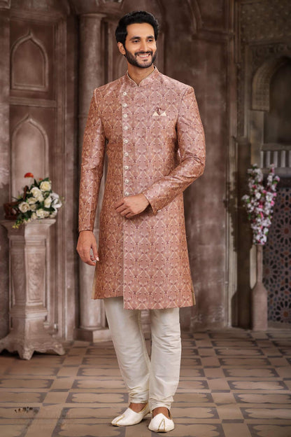 Dusty Peach Colour Art Silk Digital Printed Work indo western Sherwani