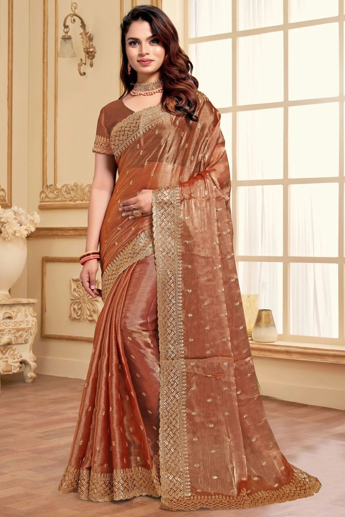 Dusty Peach Colour Burberry Silk Designer Saree SD1121847