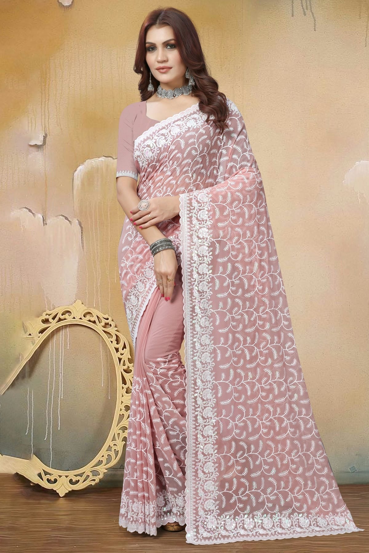 Dusty Peach Colour Georgette Saree SD1090924