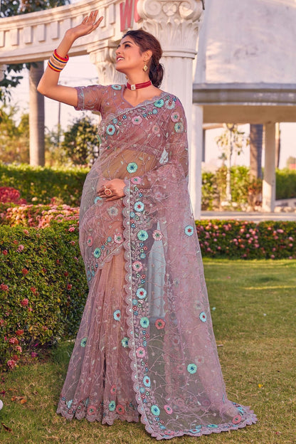Dusty Peach Colour Net Designer Saree LC1121362
