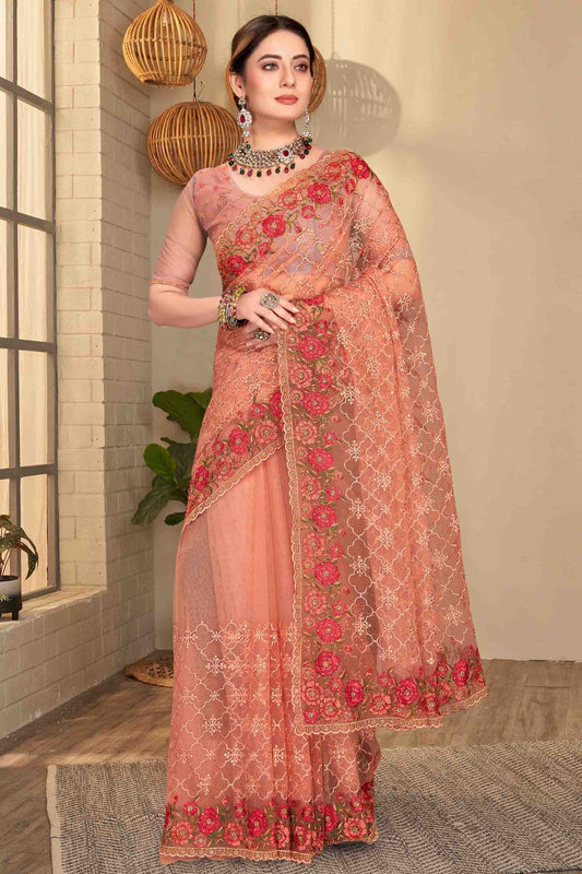 Dusty Peach Colour Net Designer Saree SD1090586