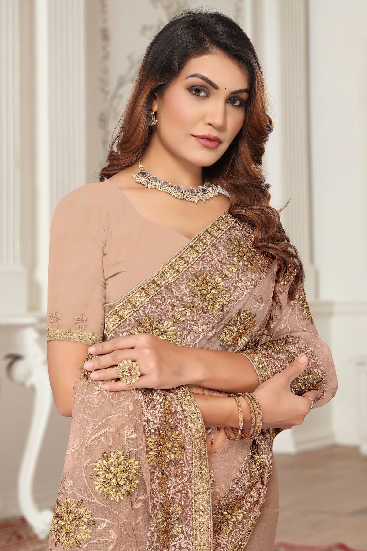 Dusty Peach Colour Net Designer Saree SD1091079 A