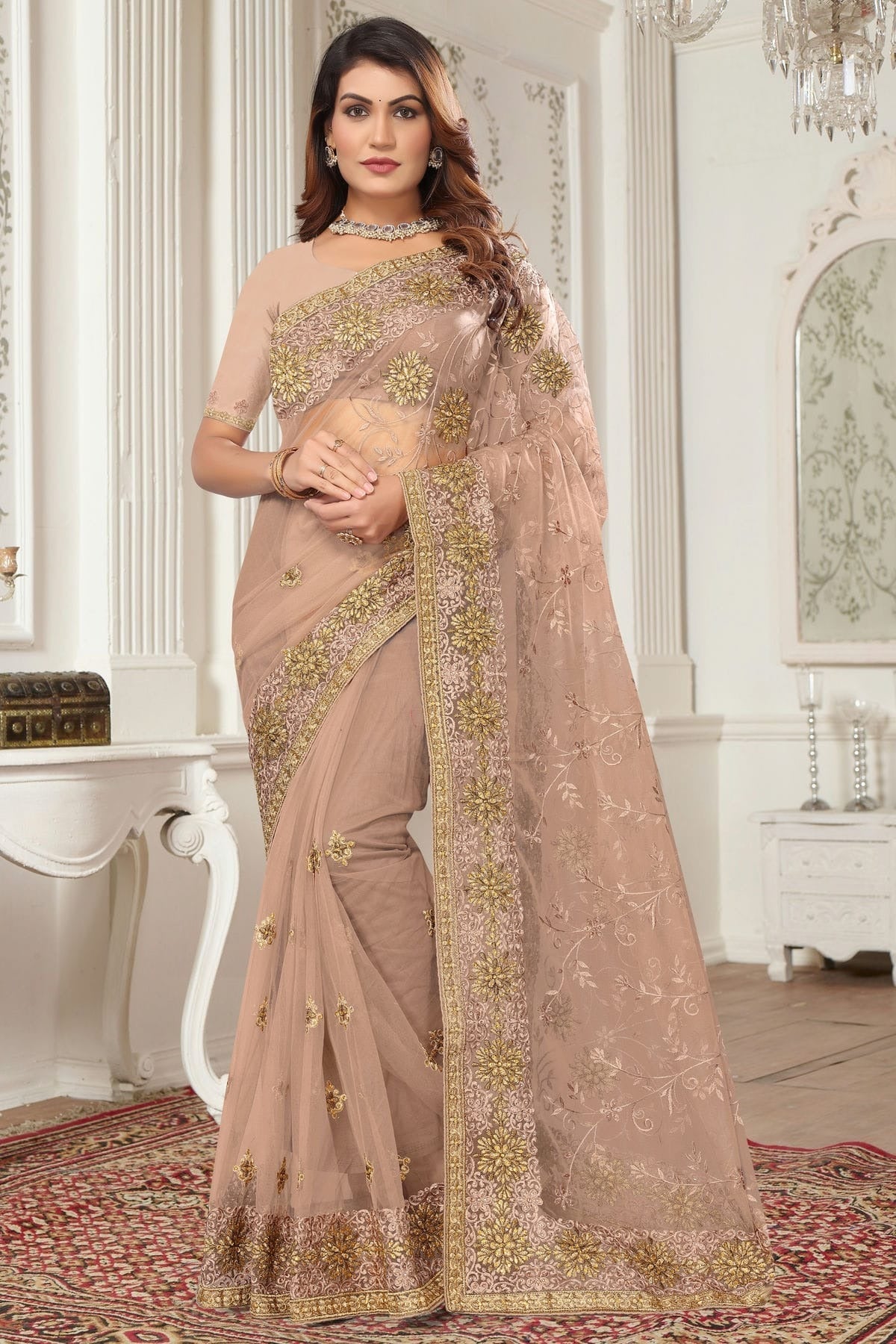Dusty Peach Colour Net Designer Saree SD1091079