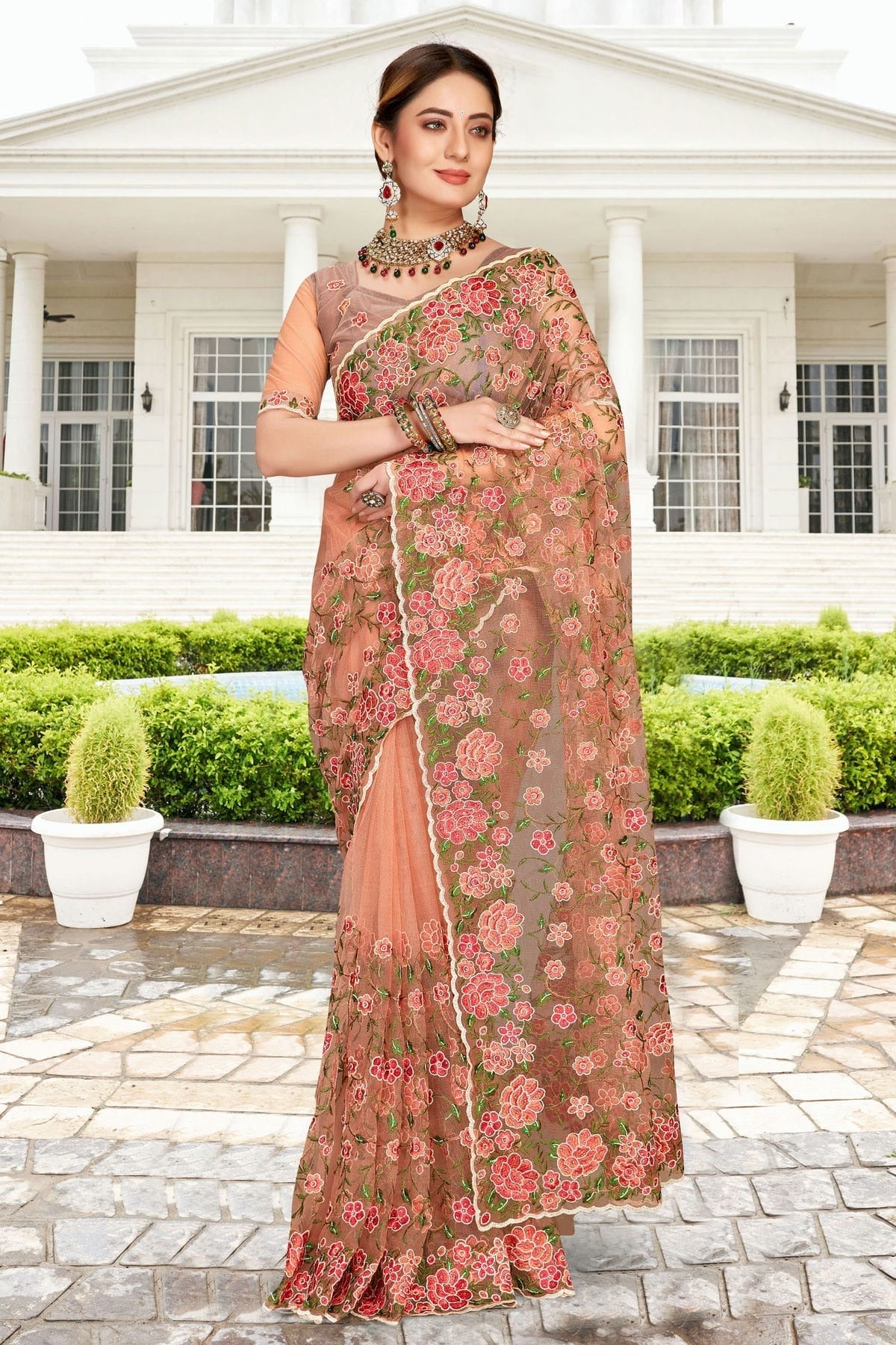 Dusty Peach Colour Net Saree SD1090757
