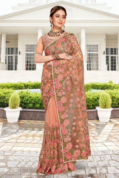 Dusty Peach Colour Net Saree SD1090757
