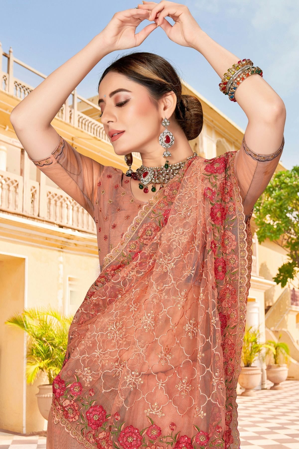 Dusty Peach Colour Net Saree SD1090763 A