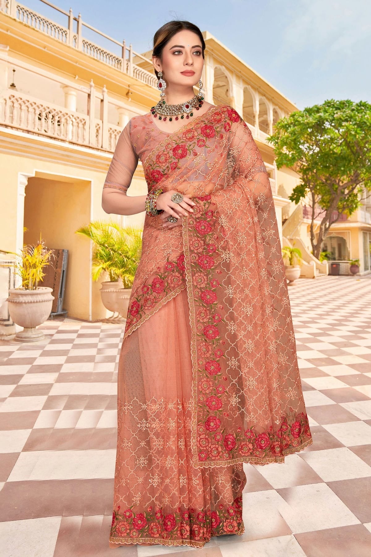 Dusty Peach Colour Net Saree SD1090763