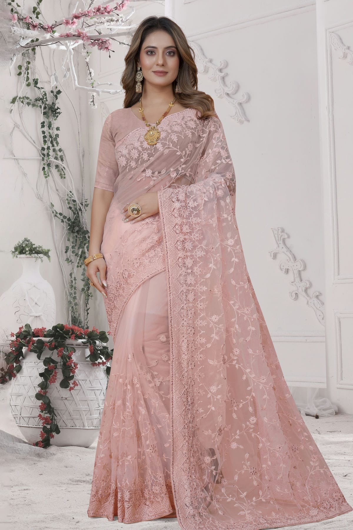 Dusty Peach Colour Net Saree SD1090879