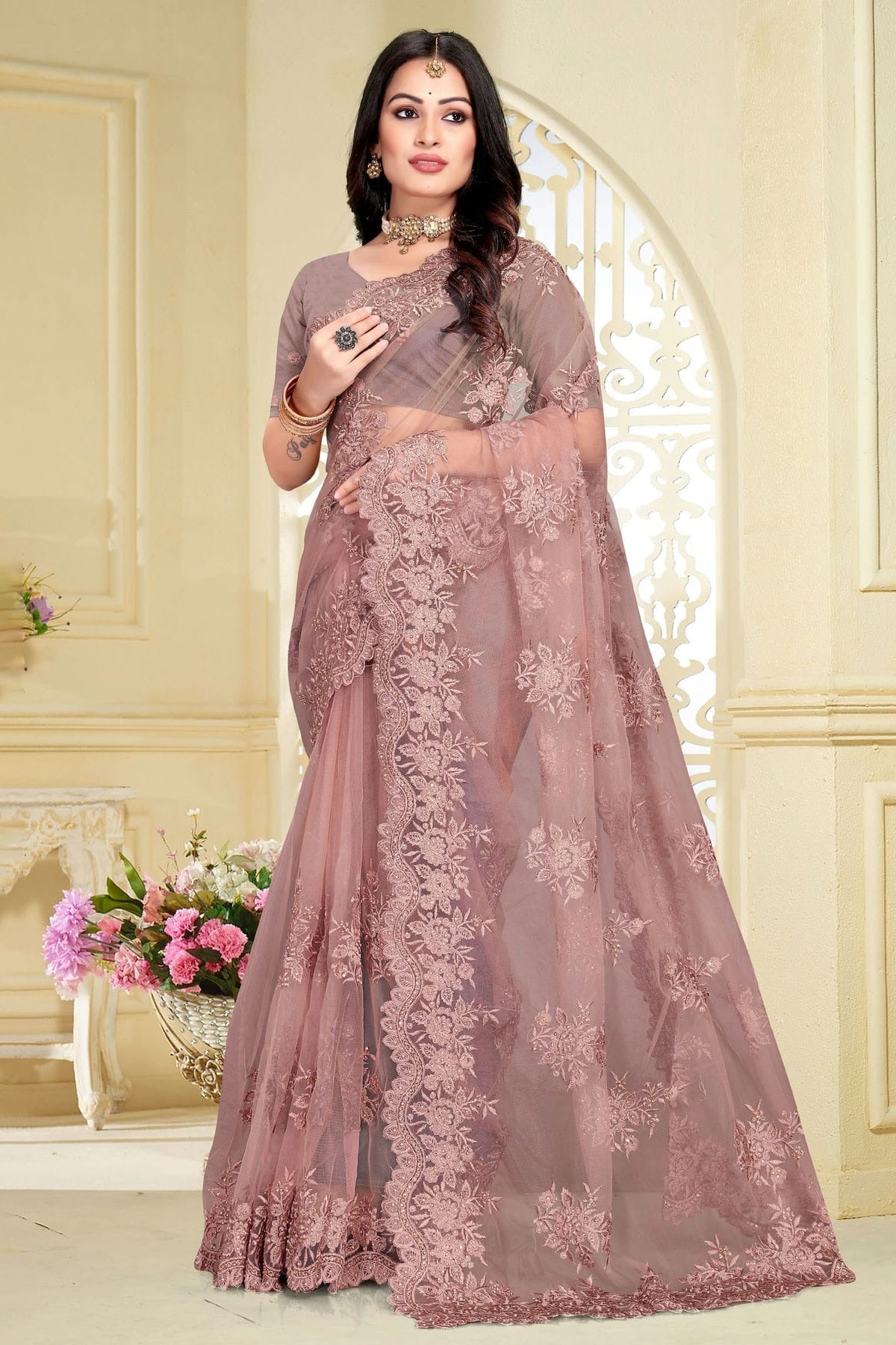 Dusty Pink Colour Net Saree SD1090816