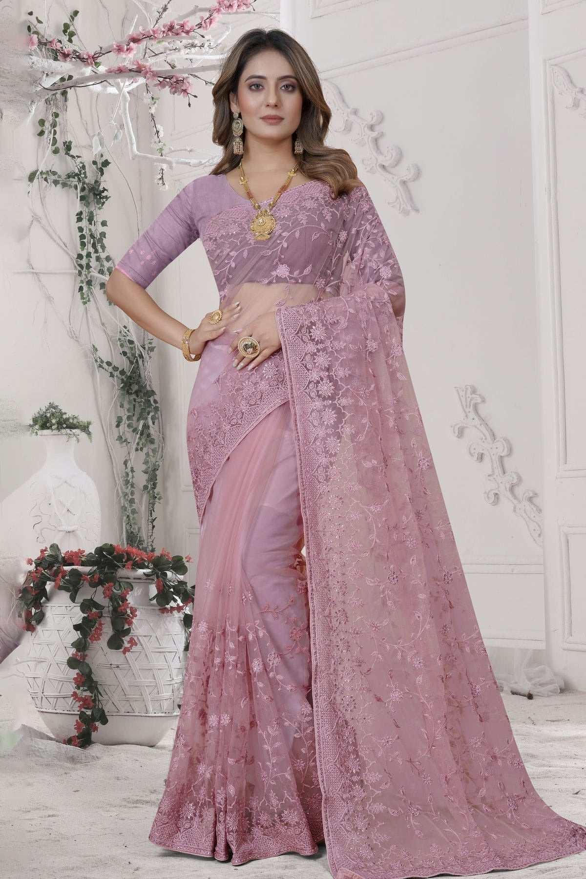 Dusty Pink Colour Net Saree SD1090878