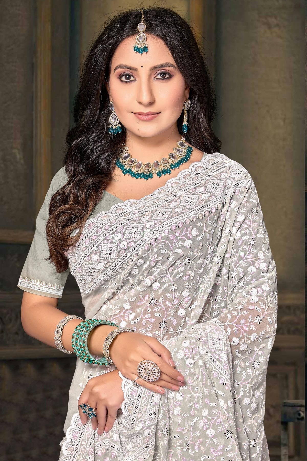 Dusty Pista Green Colour Georgette Designer Saree SD1091218 A