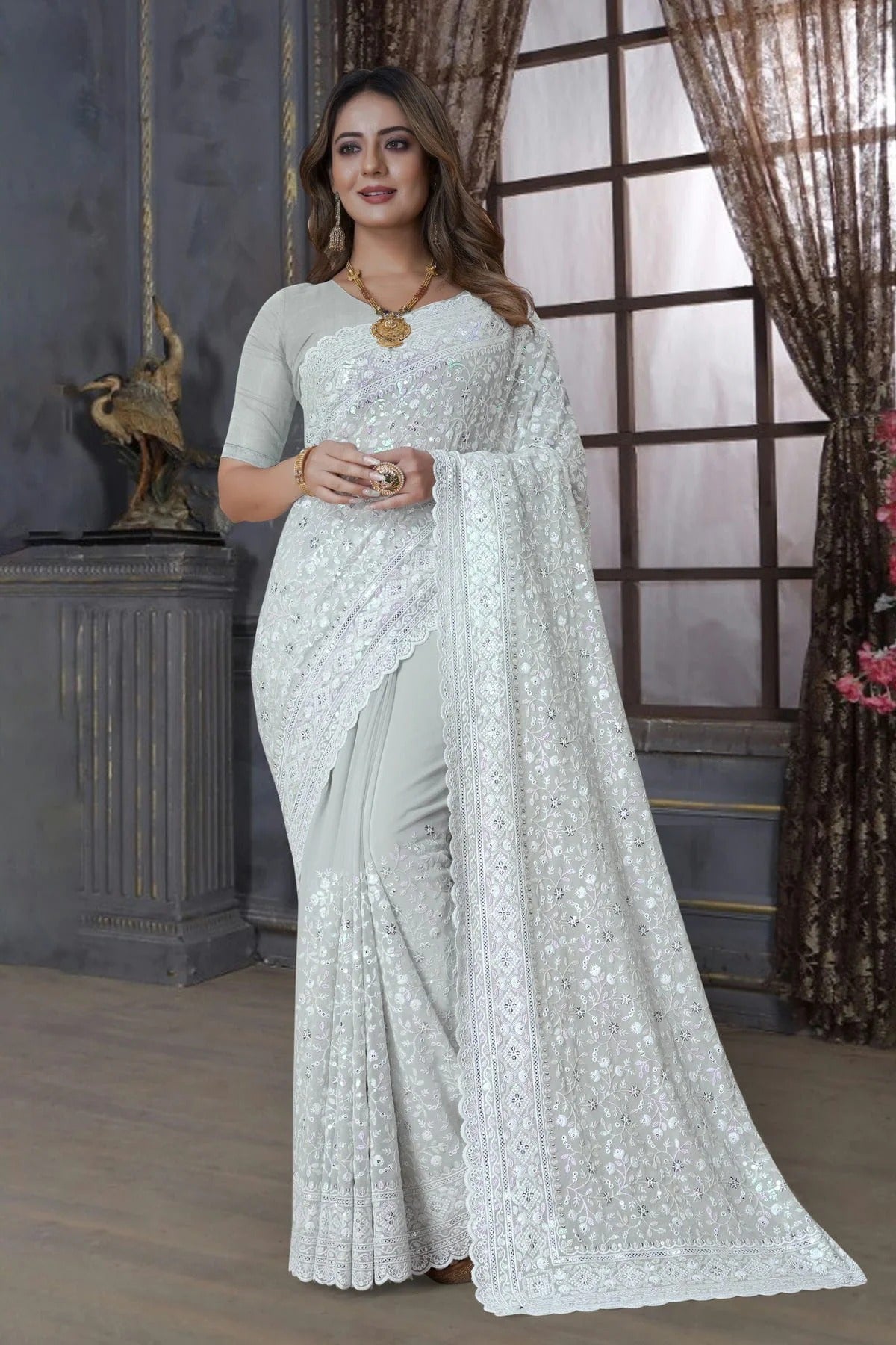 Dusty Pista Green Colour Georgette Saree SD1090885