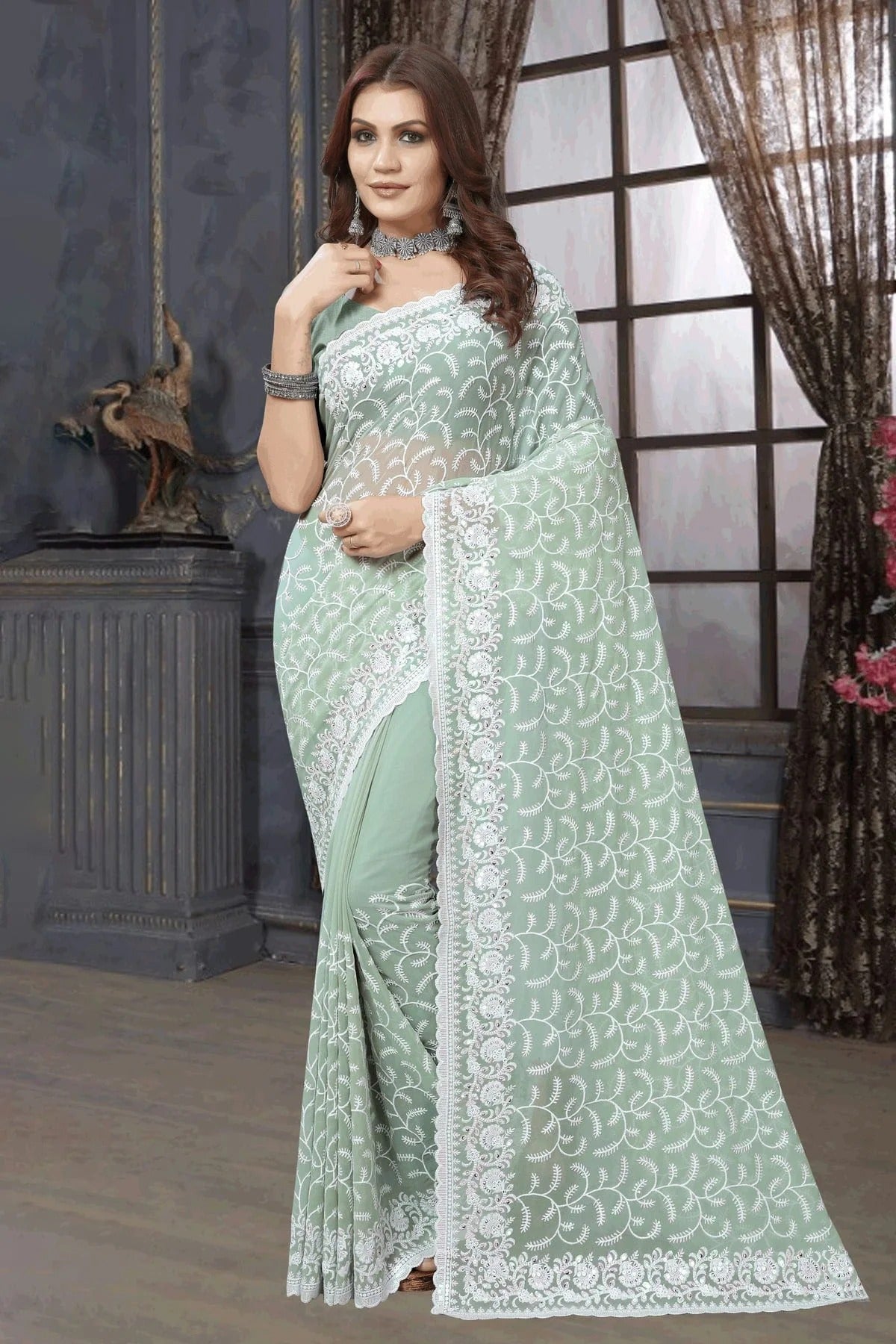 Dusty Pista Green Colour Georgette Saree SD1090959