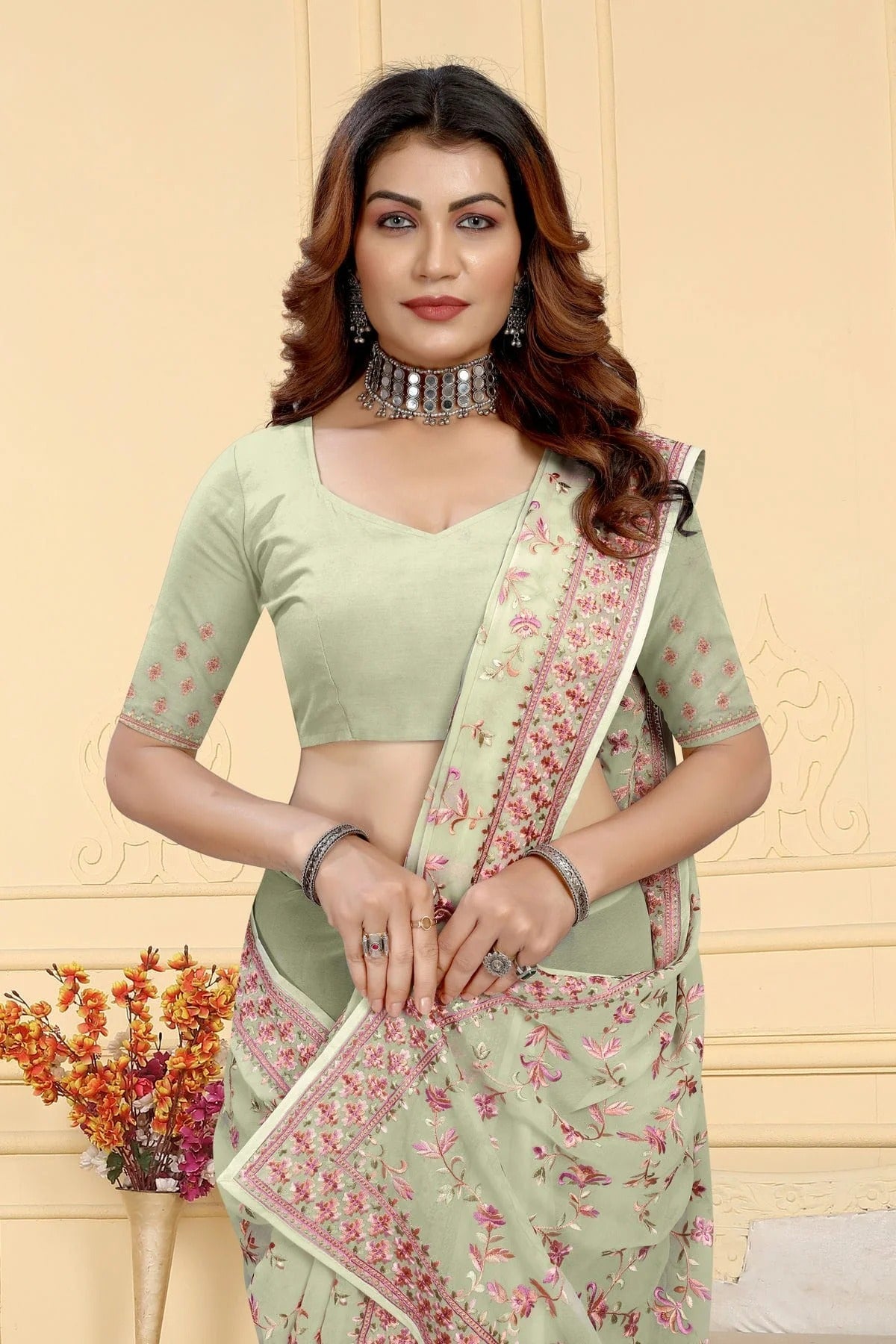 Dusty Pista Green Colour Georgette Saree SD1091041 A