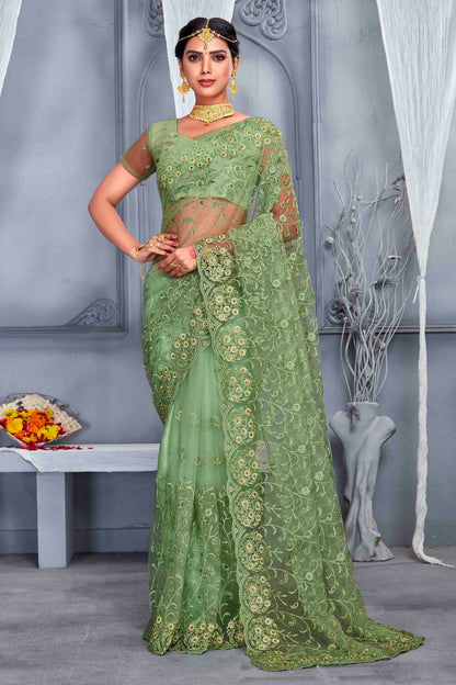 Dusty Pista Green Colour Net Designer Saree SD1090492