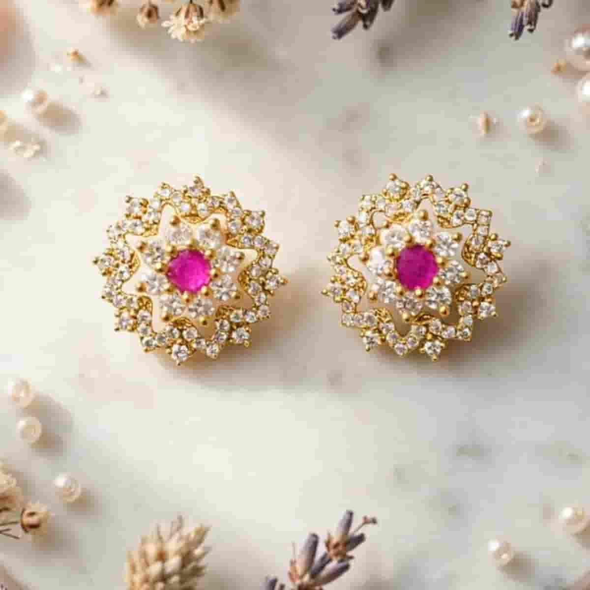 Elegant Pink Stone Floral Stud Earrings with Sparkling Crystal Detailing