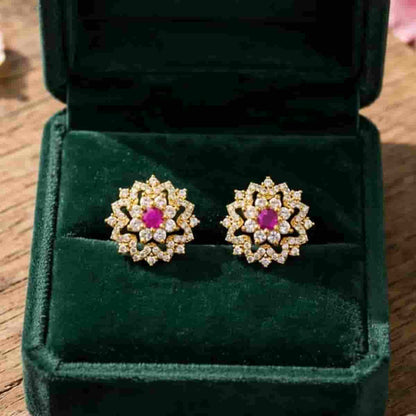 Elegant Pink Stone Floral Stud Earrings with Sparkling Crystal Detailing