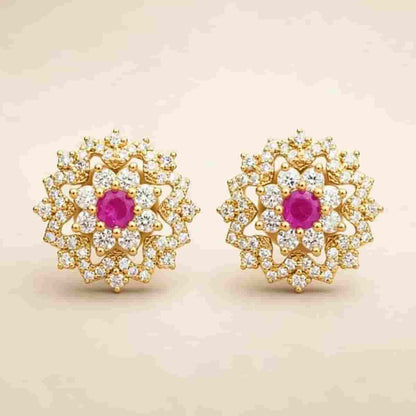 Elegant Pink Stone Floral Stud Earrings with Sparkling Crystal Detailing