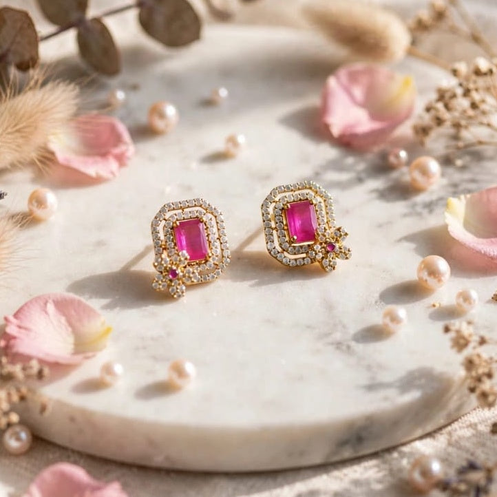 Elegant Pink Stone Micro Gold Plated Designer Stud Earrings