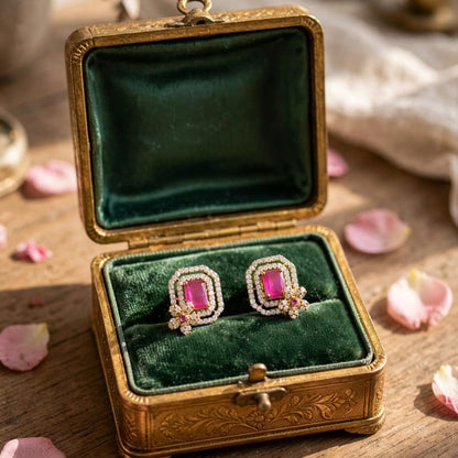 Elegant Pink Stone Micro Gold Plated Designer Stud Earrings