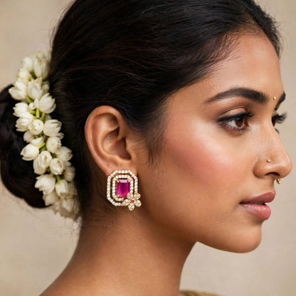 Elegant Pink Stone Micro Gold Plated Designer Stud Earrings