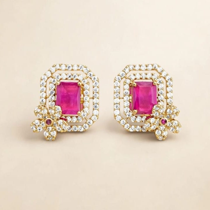 Elegant Pink Stone Micro Gold Plated Designer Stud Earrings