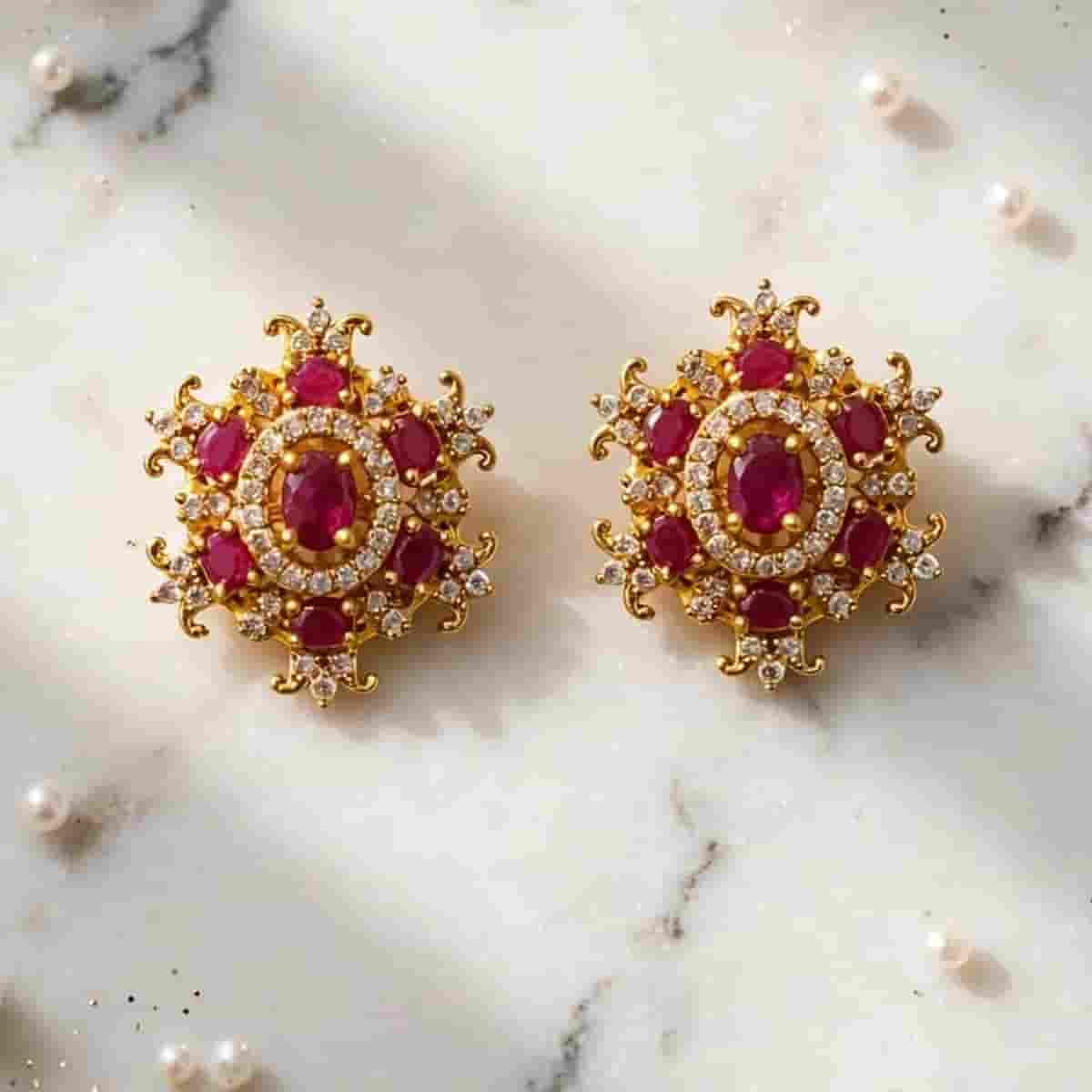 Elegant Pink Stone Micro Micro Gold Plated Designer Stud Earrings