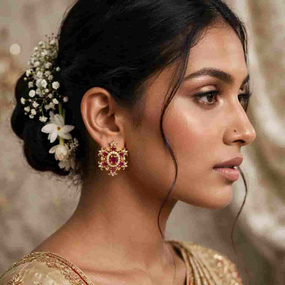 Elegant Pink Stone Micro Micro Gold Plated Designer Stud Earrings
