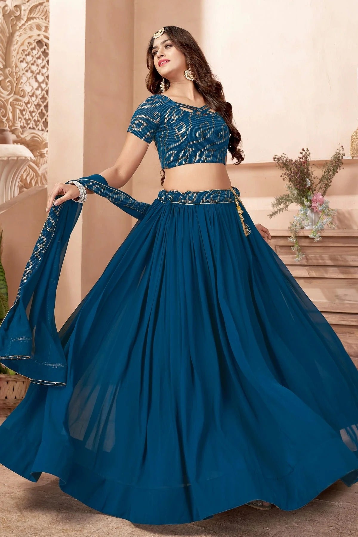Faux Georgette Designer Lehenga Choli In Teal Blue Colour LC1270007 A