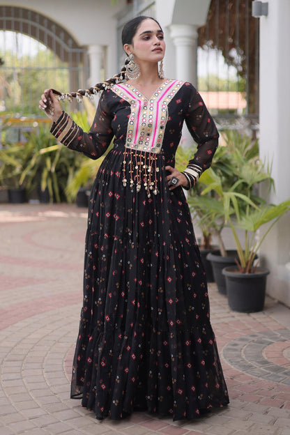 Faux Georgette Printed Stitched Gown In Black Colour