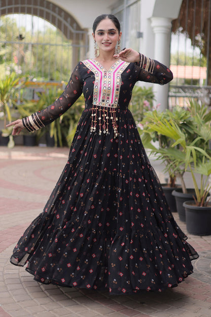 Faux Georgette Printed Stitched Gown In Black Colour