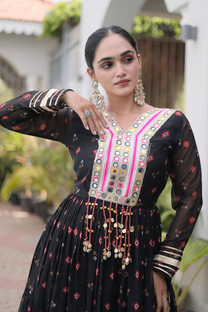 Faux Georgette Printed Stitched Gown In Black Colour