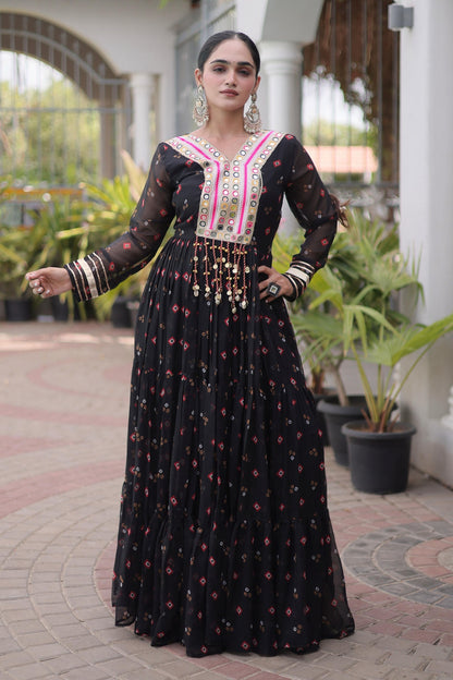 Faux Georgette Printed Stitched Gown In Black Colour