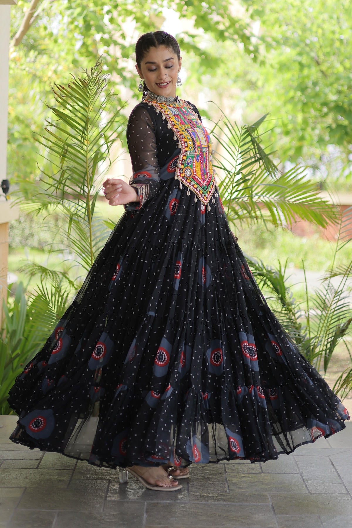 Faux Georgette Printed Stitched Gown In Black Colour