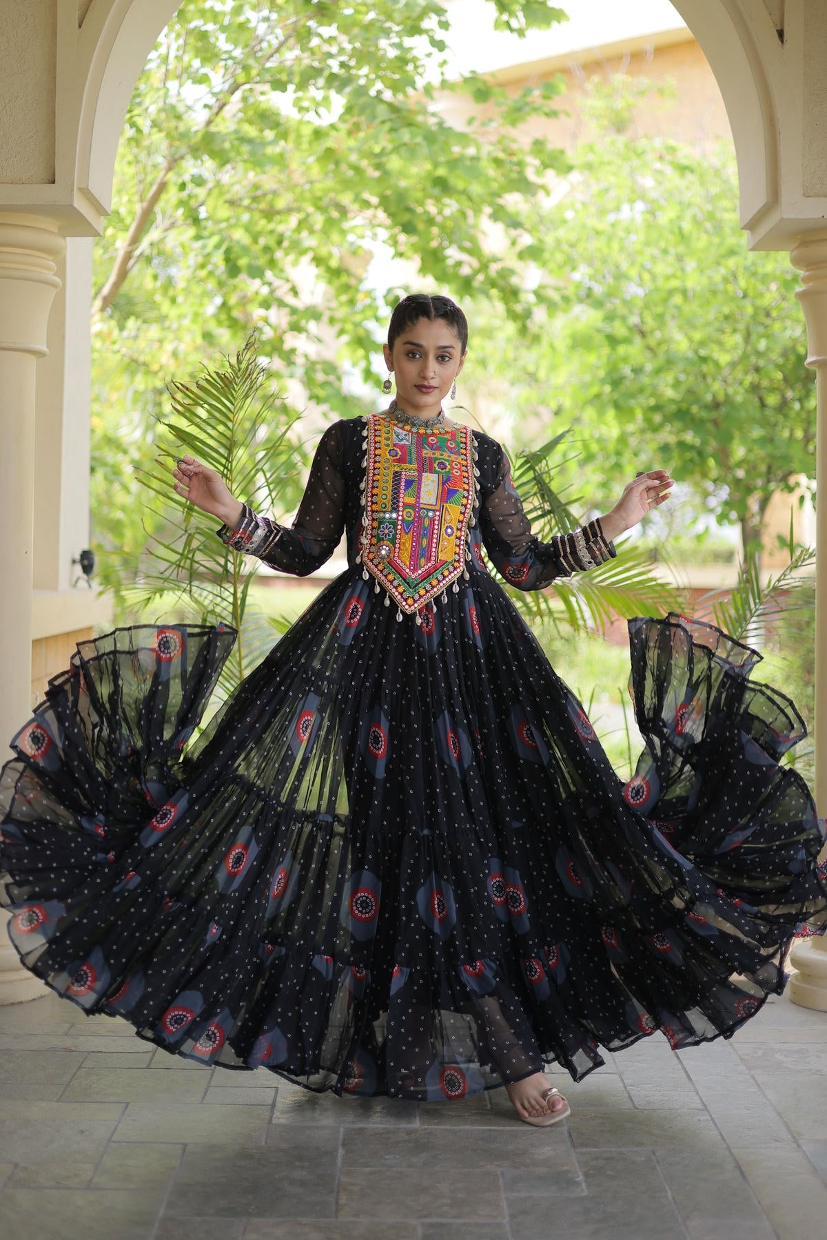 Faux Georgette Printed Stitched Gown In Black Colour